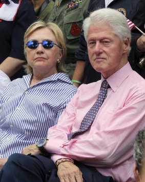 Democratic presidential candidate Hillary Clinton sits with her husband former President Bill Clinton, who has campainged in the the Virgin Islands for her.