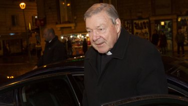 Cardinal George Pell arrives at the Quirinale hotel.