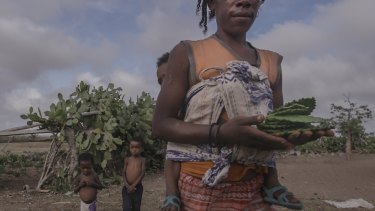 Voriavy, 3, left, and Fokondraza, 5, stand behind their Aunt Fideline, as she prepares cactus pads for their dayis meal in Ankarangotake, Madagascar.