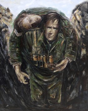 George Kurtelov's <em>He Aint Heavy, He's My Brother</em> depicts a soldier carrying a wounded comrade on his shoulders.