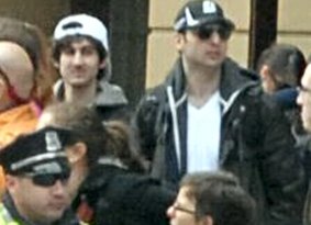 Boston Marathon bombers Dzhokhar (left) and Tamerlan Tsarnaev just before their pressure-cooker bombs went off on April 15, 2013.