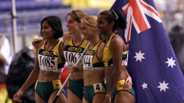 The 4 x 100 winning relay team of Tanya Van Heer,Lauren Hewitt,Sharon Gibbs and Nova Peris-Kneebone during the Commonwealth Games in Kuala Lumpur 1998.