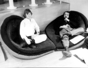 Film director Stanley Kubrick (right) on the set of <i>A Clockwork Orange</i> with actor Malcolm McDowell.