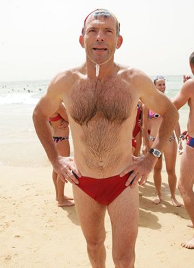 Mr Abbott in his trademark red budgie smugglers in 2015.
