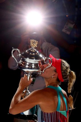Kerber with the Daphne Akhurst Memorial Cup after winning this year’s Australian Open women’s final.