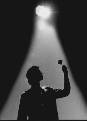 Stuart Wenham holding a race-winning laser groove solar cell at the University of NSW in 1990. 