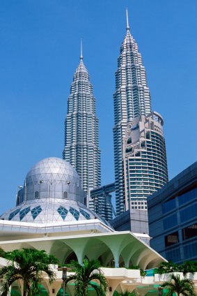 Hard to miss: Petronas Towers & National Mosque, Kuala Lumpur.
