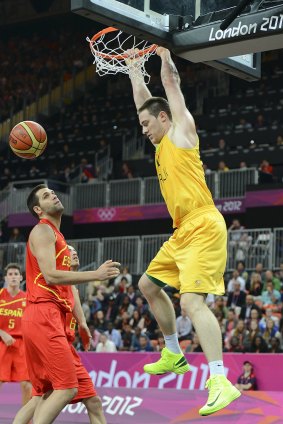 International experience: Australian big man Aron Baynes dunks during the London Olympics.