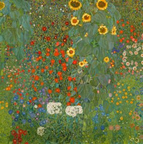 Farm Garden with Sunflowers, 1905-06 (oil on canvas) by Klimt, Gustav (1862-1918); 110x110 cm; Osterreichische Galerie Belvedere, Vienna, Austria. Print available from Thestore.com.au/klimt