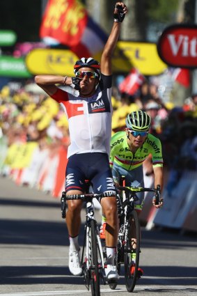 Jarlinson Pantano (IAM Cycling) celebrates victory from Rafal Majka (Tinkoff) on stage 15 of the Tour from Bourg-En-Bresse to Culoz on Sunday.