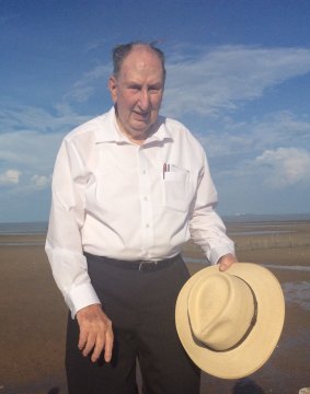 Fred Sharon at Tarakan beach, Borneo, where he came ashore on May 1, 1945.