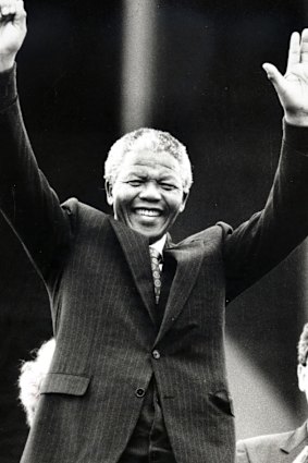 Nelson Mandela on the steps of the Opera House.