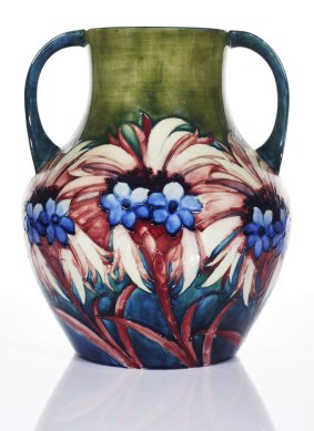 Lot 74: William Moorcroft's Large Twin-handled 'Cornflower' Vase, c. 1925. Height 32cm. Estimate: $5000-$7000.