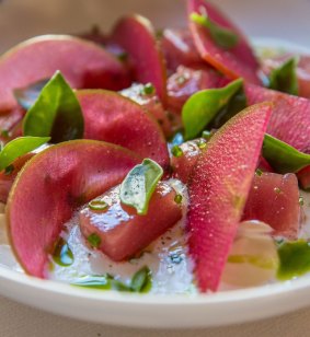 Raw tuna, oyster cream, buttermilk and apple vinegar.