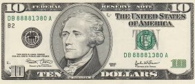 A 2003 series $10 bill, featuring Alexander Hamilton.