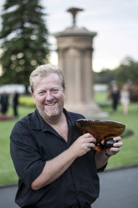 Winner Steve Rodgers with the trophy for the  Lysicrates Prize for new Australian playwriting.
