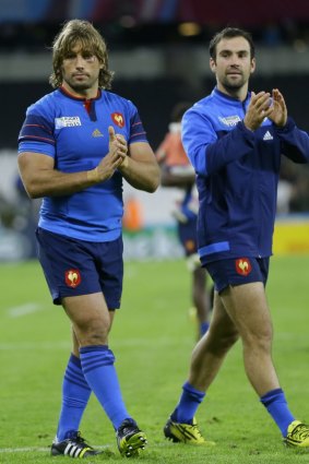 Celebration: France's captain Dimitri Szarzewski, left, celebrates defeating Romania 38-11.