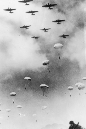 German paratroops land during the invasion of Crete.