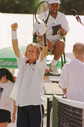 Lleyton Hewitt after beating Andre Agassi in Adelaide 20 years ago.