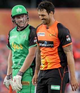 James Faulkner of the Stars and Mitchell Johnson of the Scorchers have a laugh.