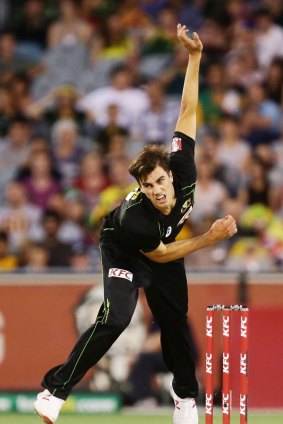 Pat Cummins bowls during the second T20 against South Africa at the MCG on Friday.