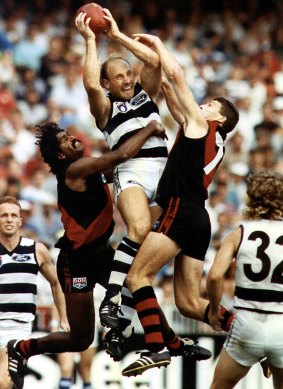 Gem from the past: Bombers Derek Kickett and Chris Daniher are unable to gain enough altitude to stop Gary Ablett Sr in May 1993.