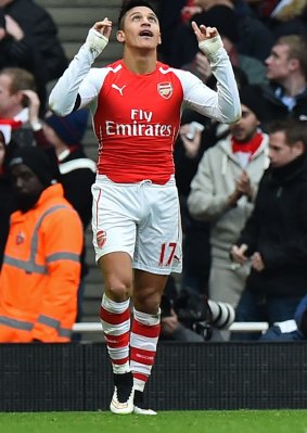 Arsenal's Chilean striker Alexis Sanchez looks to the heavens after scoring for the Gunners. 