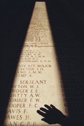 Picture shows light falling on the names of the Menin Gate memorial in Ypres (130 kilometres  south of Brussels) , Belgium. The memorial bears the names of thousands of missing Australians and others soldiers from World War I.