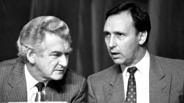 Former prime minister Bob Hawke (left) with then treasurer Paul Keating.
