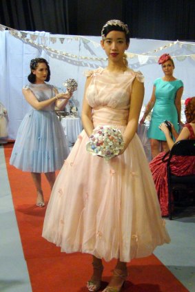 Models wear 1950s bridesmaids’ dresses at the Love Vintage Fair.