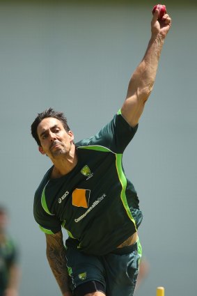 Mitchell Johnson bowls in the nets at the Gabba.