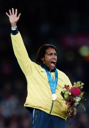 Cathy Freeman on the podium after receiving her 400 metre gold medal on September 25, 2000.  