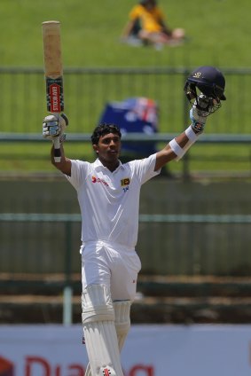 Sri Lanka's Kusal Mendis celebrates scoring his maiden century.