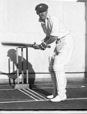 Donald Bradman during the upswing of his bat lift.