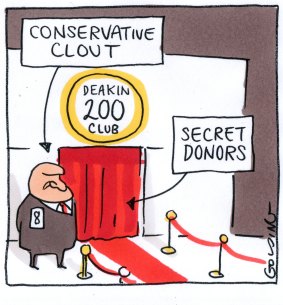 Matt Golding Labelled 'Conservative clout' pointing to a bouncer outside Deakin 200 club and 'secret donors' behind doorway...yawn