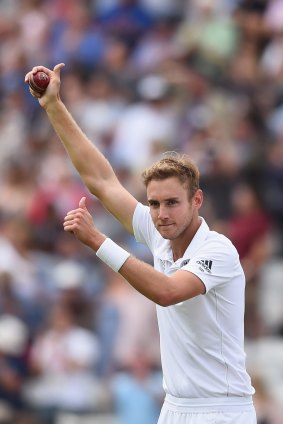 The destroyer: Stuart Broad  gives a thumbs-up.