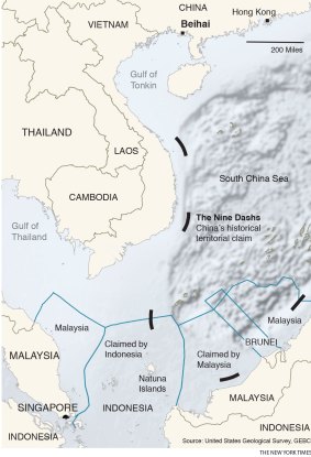 A map showing China's "nine-dash line" and Indonesia's Natuna Islands, with the port of Beihai to the north.