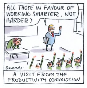 Matt Golding Man says 'All those in favour of working smarter not harder?' and all kids raise hands. Teacher looks unhappy. Captioned 'A visit from the productivity commission
