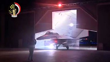 An image from Egypt's state-run television station Al-Masriya reportedly shows an F-16 fighter jet preparing to take off.