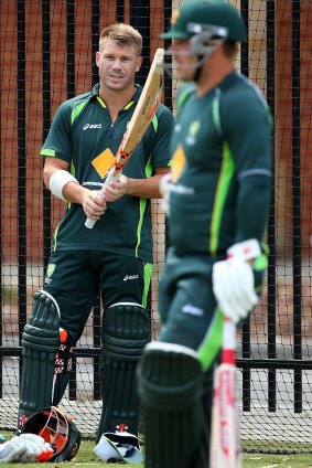 David Warner and Aaron Finch at a training session in Perth.