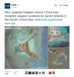 A tweet from the Centre for Strategic and International Studies on China's build-up in the South China Sea.