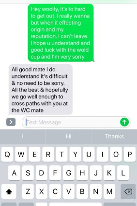 The text exchange between Andrew Fifita and  Kristian Woolf.