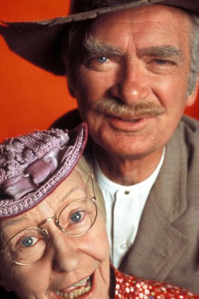 Jed Clampett, played by Buddy Ebsen, and Irene Ryan as Granny in the television series <i>The Beverly Hillbillies</i>. 