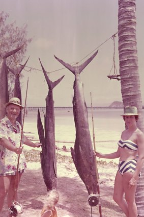 Family with big game fish catch at a Queensland beach in the  1960s.