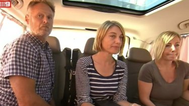 Reporter Tara Brown, centre, sound recordist David Ballment, left, and Sally Faulkner, right, after being released from a Beirut jail.