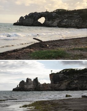 This combo of two photos shows "Punta Ventana," or Window Point, in Guayanilla, Puerto Rico on January 27, 2019, top, before it fell, and after it fell on January 6, 2020 due to an earthquake.