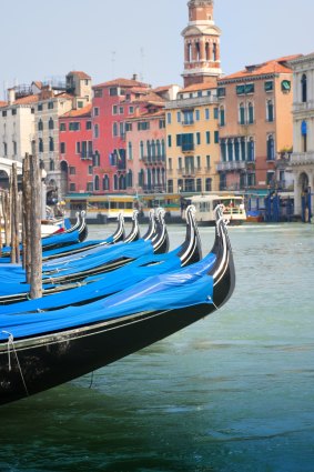 Gondolas in the Grand Canal of Venice.