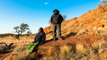 Kaltukatjara rangers Ruby James and Benjamen Kennyr, on the lands of the newly announced Katiti Petermann Indigenous Protected Area, in the south-west corner of the Northern Territory. 