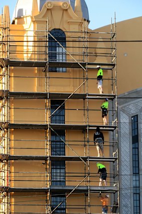 Workers began removing the scaffold on Monday morning.