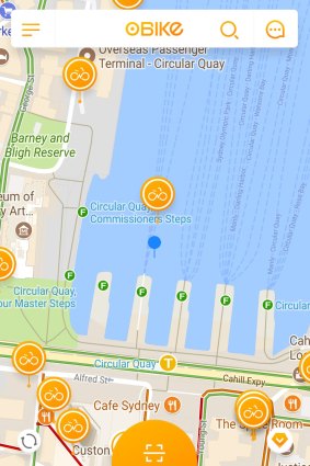 A screenshot of the Obike app showing bikes in Circular Quay, Sydney.